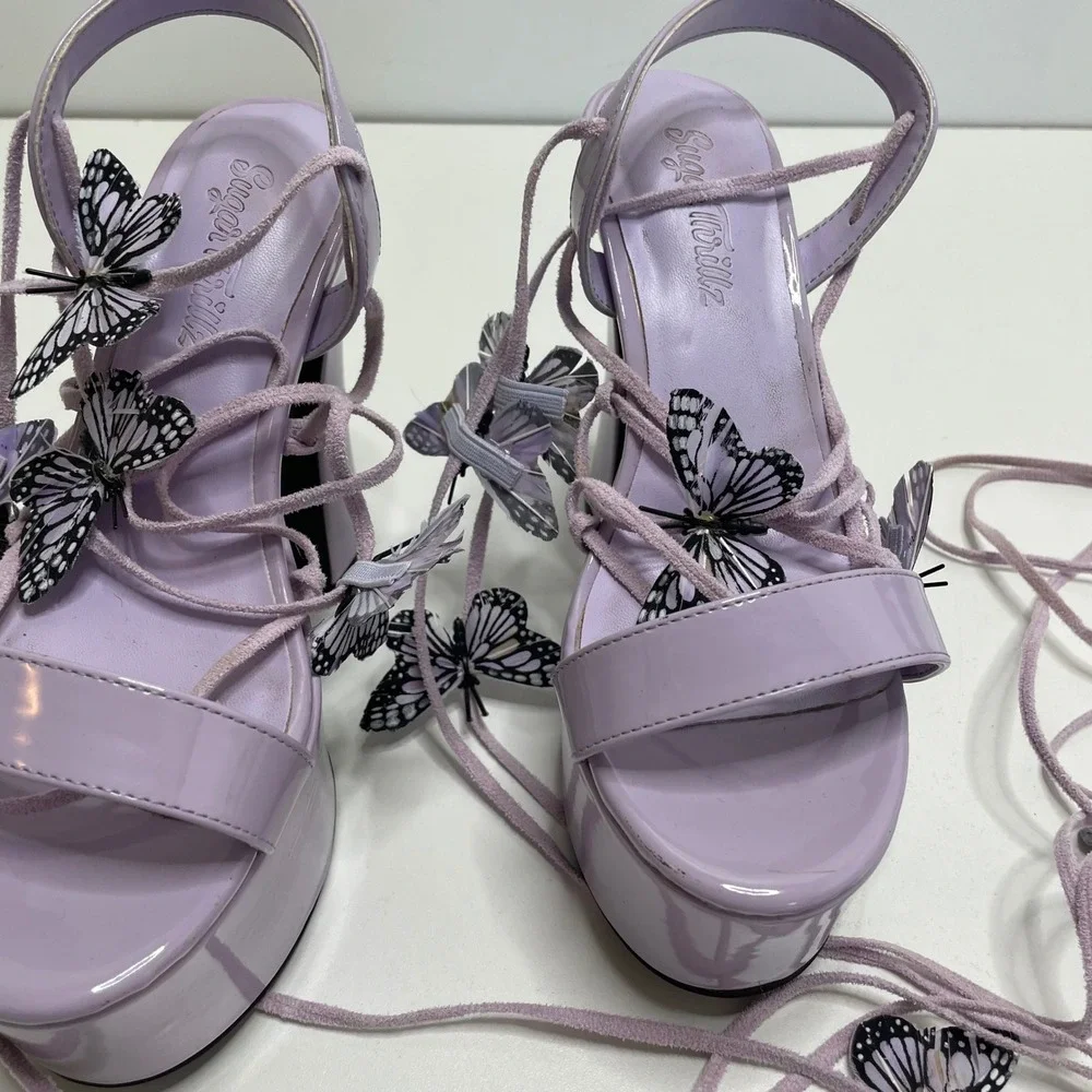 Sugar Thrillz Butterfly Platform Lace Up Heels Purple Lavender Fairy Club Sexy 7